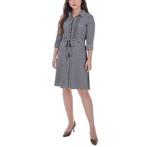 NY Collection Shirt Dress Womens PXL Houndstooth Black/White Long Sleeve Belted
